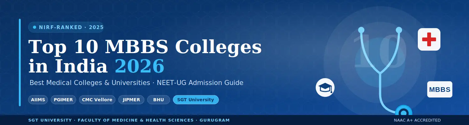 Top 10 MBBS Colleges in India 2026 — NIRF-ranked best medical colleges including AIIMS Delhi, PGIMER Chandigarh, CMC Vellore, JIPMER and SGT University Gurugram