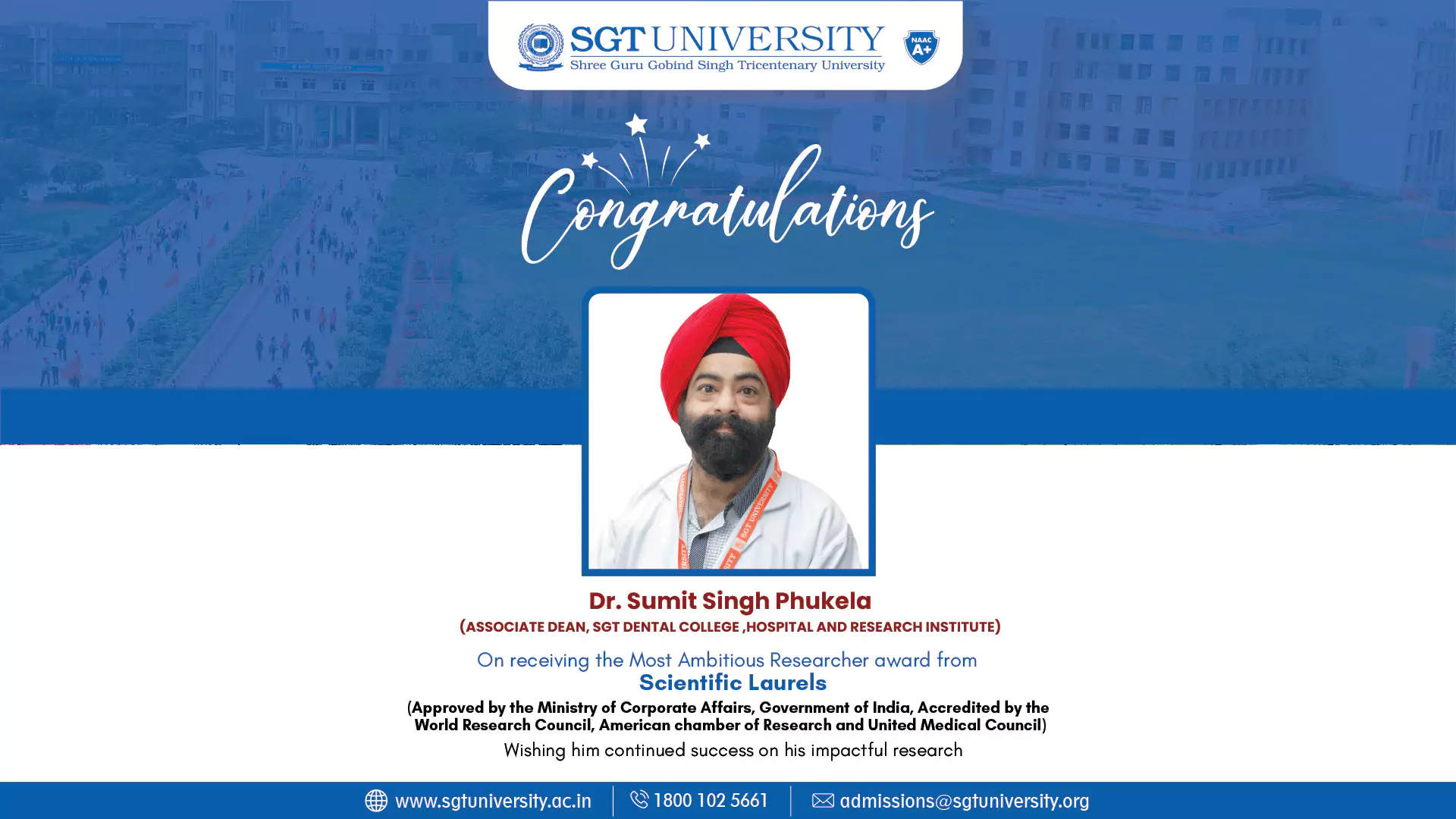 Prestigious Recognition for Dr. Sumit Singh Phukela as the Most Ambitious Researcher 1
